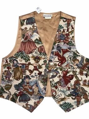 Vintage Facets Mirrors Tapestry Storybook Fairytale Vest in Beige Multicolor Med